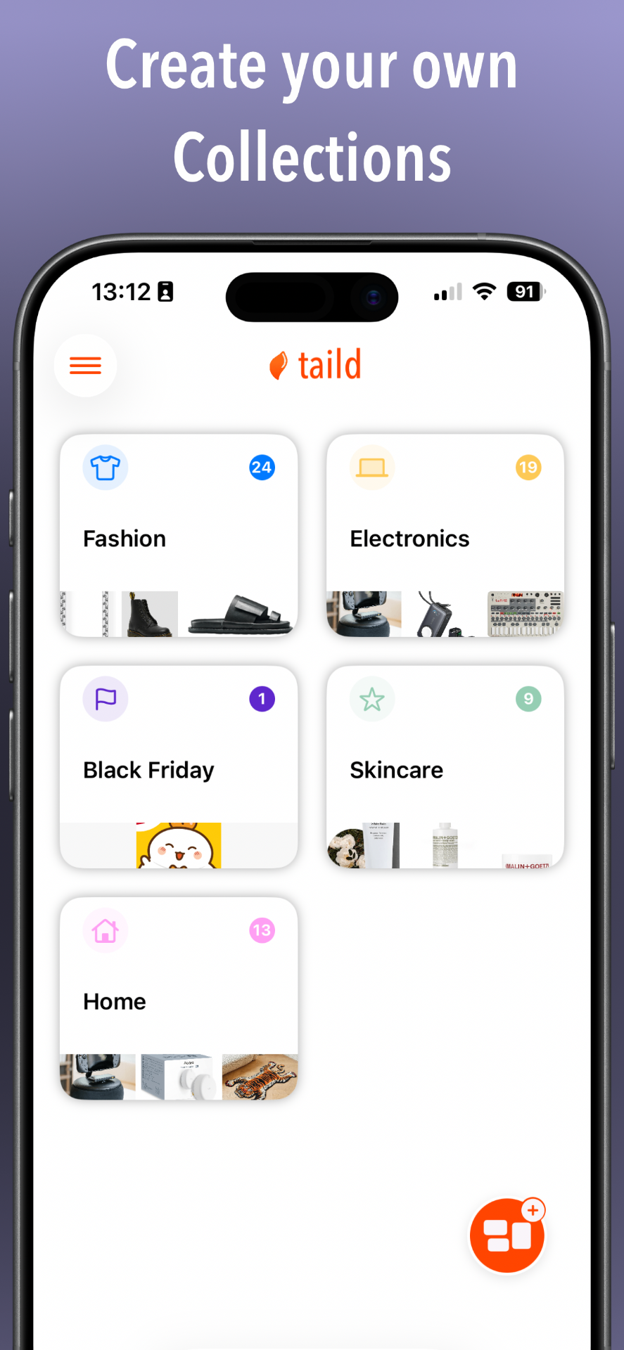 taild iOS app collections view showing organized product categories