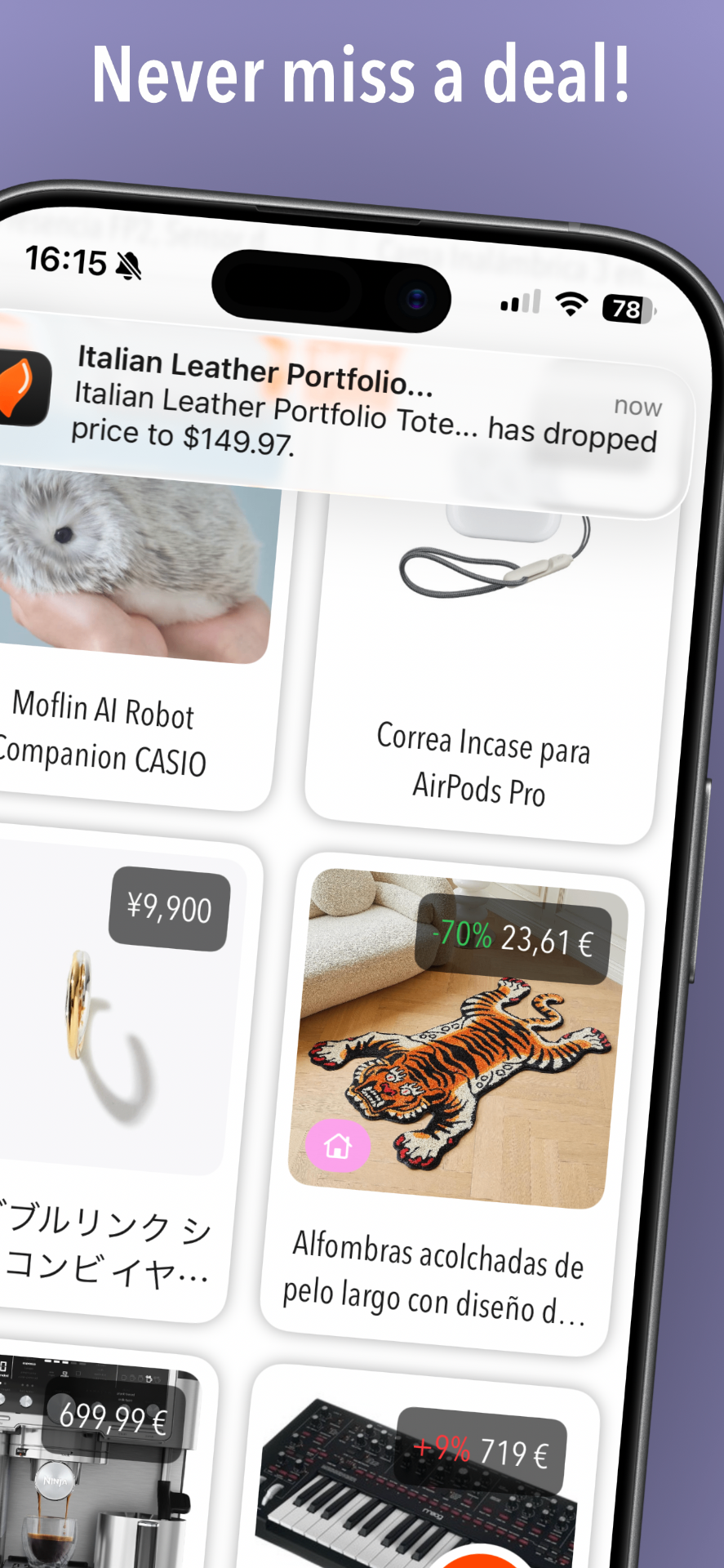 taild iOS app showing push notification alert for a price drop on a tracked product