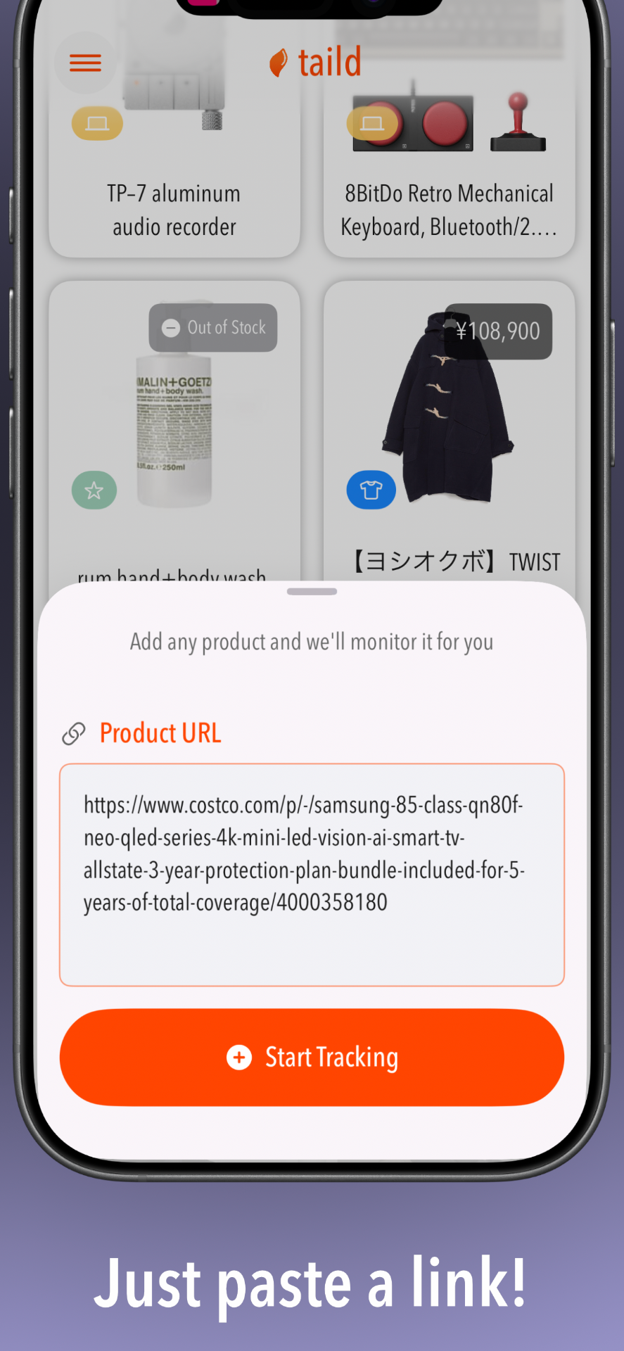 taild iOS app add product screen with URL paste field and automatic product detection