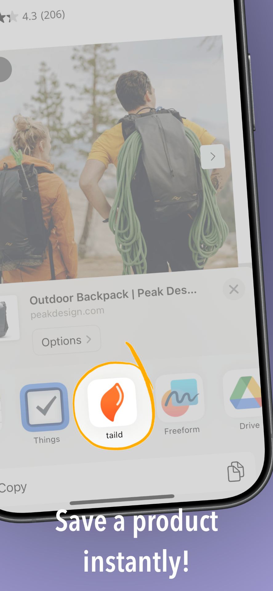taild iOS app share extension saving a product from Safari browser
