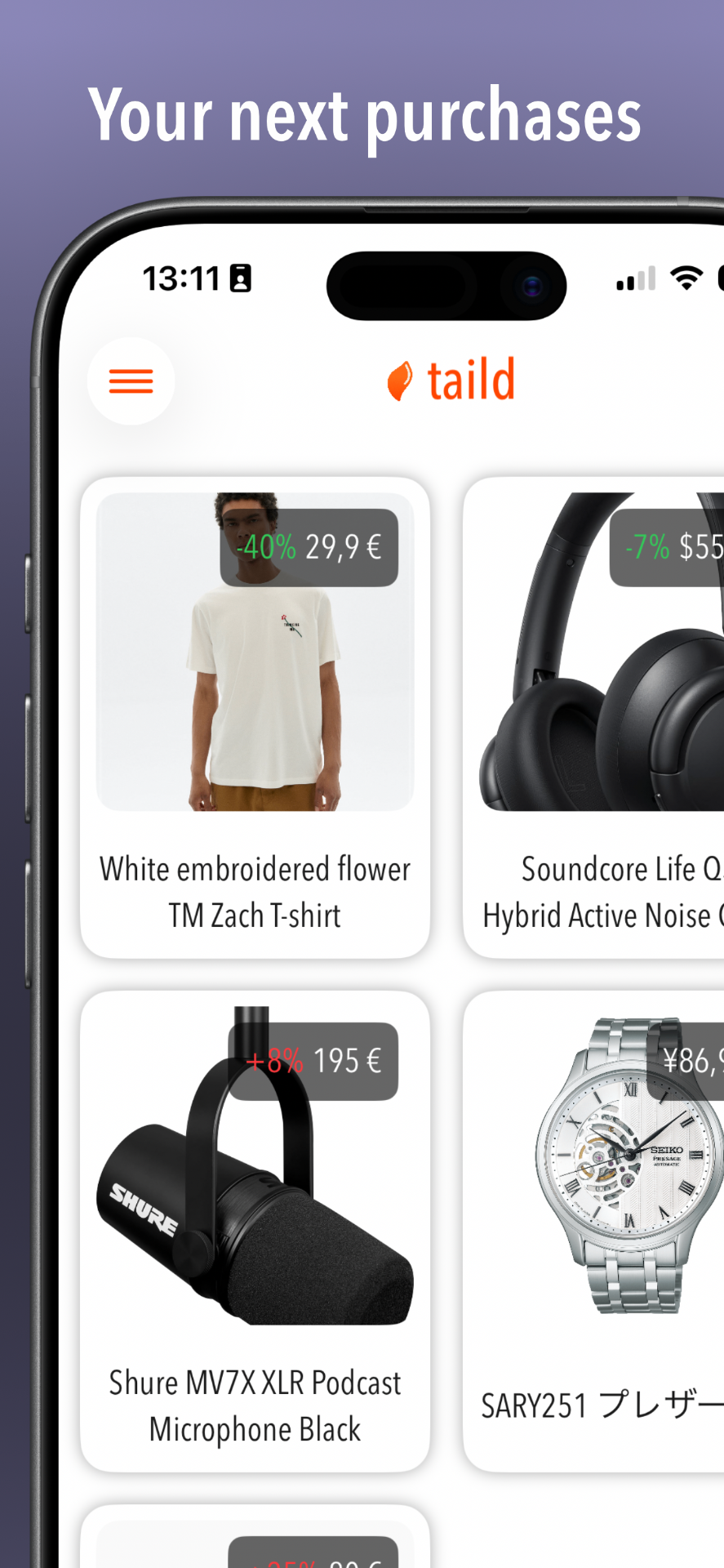 taild iOS app main screen displaying a grid of tracked products with images and prices